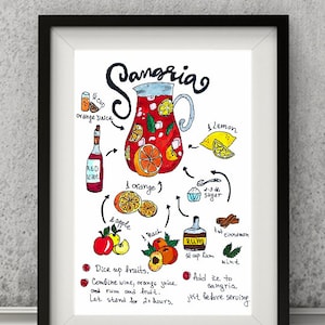 Sangria Ricetta Stampa. Ricetta Sangria Acquerello Stampa art. Cocktail Illustrated Bar Cart. Decorazioni artistiche murali.