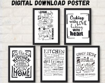 Lámina decorativa de cocina en blanco y negro. Juego de 5 láminas. Lámina moderna de granja. Lámina con frases sobre cocina.