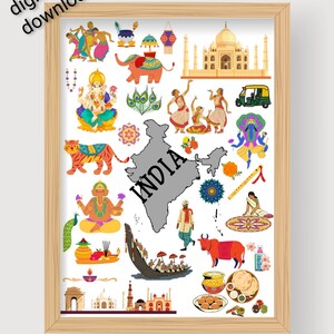 India Travel Printable Poster. India Famous Travel Attractions Poster Icons. Doodle India Icons Elements. India Travel Wall Art.