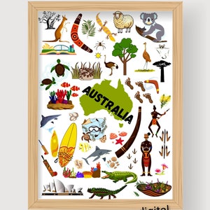 Australia Famous Travel Attractions Poster Icons. Australia Travel Printable Poster. Doodle City Icons Elements. Digital Download.