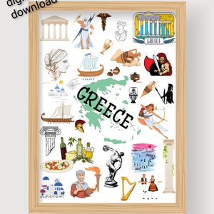 Griechenland berühmten Reise Sehenswuerdigkeiten Poster Icons. Doodle Griechenland Symbole Elemente. Griechenland Reise druckbare Poster. Griechenland Wandbild.
