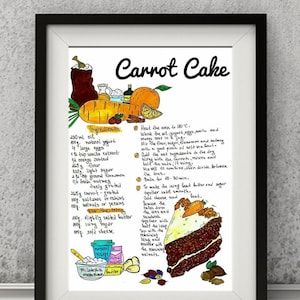 Carrot Cake Recipe Art Print. How to Make Carrot Cake Art Illustration. Kitchen Wall Art Print. Cooking Art Print.