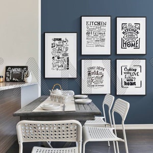 Happy Kitchen Black and White Wall Art Print Decor. Set of 5 Kitchen ...