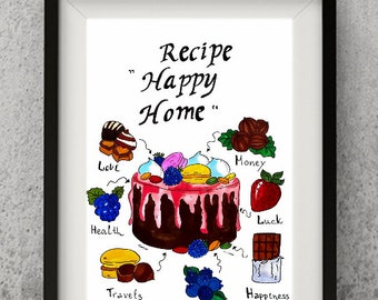 Prinable Pecipe Art Cake. Recipe print Cake- Happy Home. Wedding gift.  Wall Art Decor, Home art decor, , Kitchen art