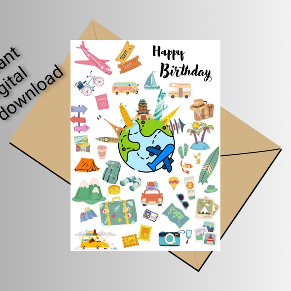 Printable Birthday Card For Travel Lover. Travel Birthday Card. Adventure Birthday Card. Digital Download. Instant Download.