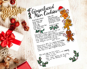 Gingerbread Men Cookies Recipe Art Print. Christmas Kitchen Wall Art Recipe Decor. Homemade Gingerbread Man Cookies Recipe Print.