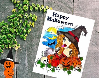 Happy Halloween Witch Card Print. Pumpkin Watercolor Greeting Card Printable. Halloween Art Print Decor. Digital Download.