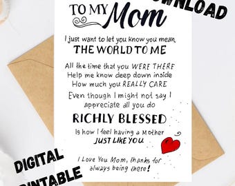 Happy Mothers Day Printable Card. To My Mother Message Gift Card. I Love You Mom Card. Digital Download. To My Special Mom Card.