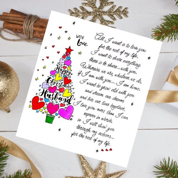 Happy Christmas Husband Printable Card. To My Husband Christmas Message Card. Christmas Card For Husband. Christmas Gift Card For Him.
