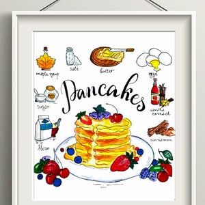 Pancakes Art Recipe Illustration. Pancakes Wall Art Poster. Kitchen Wall Art Decor. Food Art Poster. Instant Download.