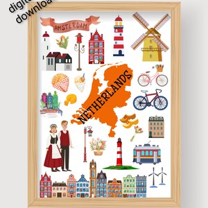 Netherlands Travel Printable Poster. Famous Netherlands Travel Attractions Poster Icons. Doodle City Icons Elements. Digital Download.