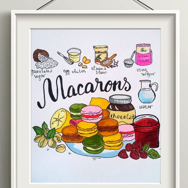 Illustration de recette Macarons, Impression de recette Français Macarons, Illustration alimentaire, Art mural de cuisine, Impression de recette à l’aquarelle