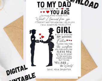 Daughter To Dad Card Gift. Printable Message Card For Dad. Birthday Dad Card Gift. Happy Fathers Day Card Print.