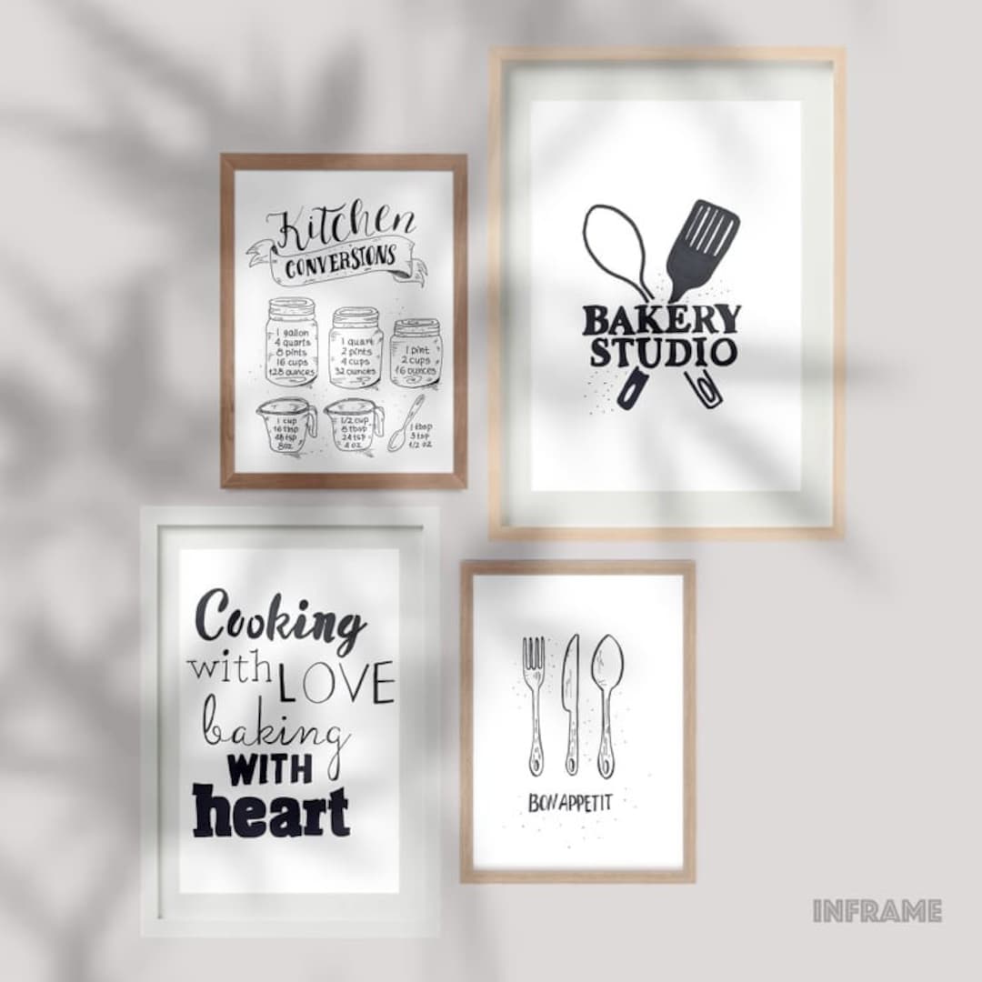 Black and White Kitchen Wall Art Print Decor. Set of 4 Kitchen Wall Art