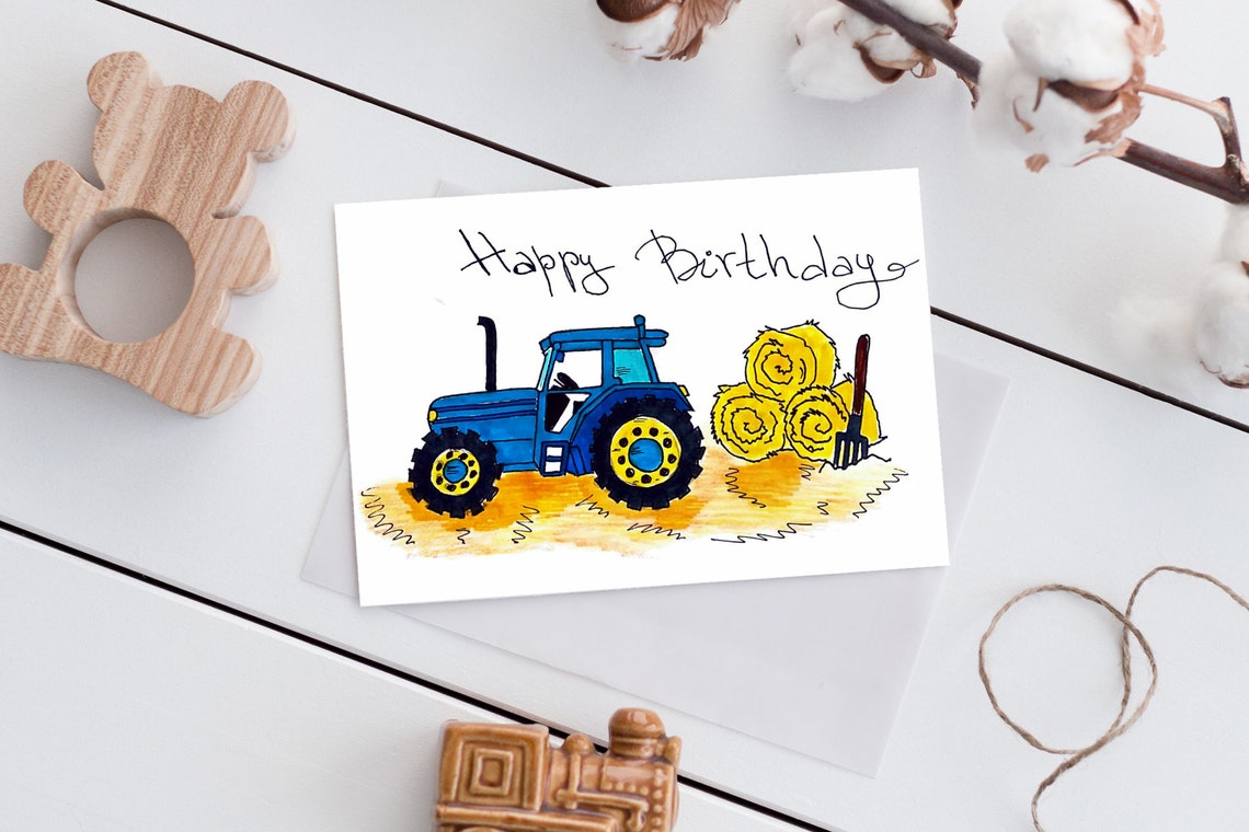 Happy Birthday Tractor Card Print. Watercolor Birthday Card With Tractor. Birthday Card for ...