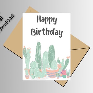 Cartão de cacto de feliz aniversário para impressão. Cartão de aniversário em aquarela com cacto. Cartão de aniversário para impressão. Cartão de aniversário para impressão com cacto.