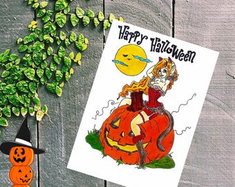 Happy Halloween Witch Card Print. Pumpkin Watercolor Greeting Card Printable. Halloween Art Print Decor. Digital Download.