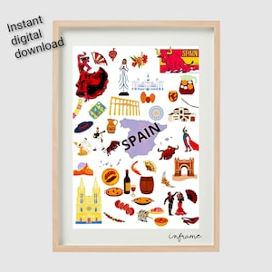 Cartel imprimible de viajes de España. Elementos de iconos de la ciudad de Doodle. Arte de la pared de viajes de España. Decoración de arte mural de España. Descarga digital.