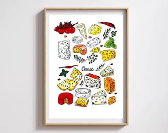 Grafika z serem. Dekoracja ścienna z serem w kuchni. Ilustracje przedstawiające rodzaje sera. Grafika z serem dookoła świata. Pobierz cyfrowo.