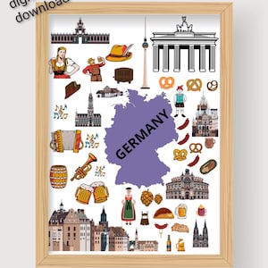 Germany Famous Travel Attractions Poster Icons. Germany Travel Printable Poster. Doodle City Icons Elements. Germany Wall Art.