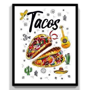 Tacos Illustration Art Print. Tacos Wall Art Decor. Tradition Mexican Tacos Illustration Print. Mexican Kitchen Wall Art Print. Mexican Food
