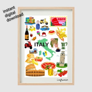 Italiaanse reis afdrukbare poster. Landkaart van het land. Doodle stad iconen elementen. Italiaanse muurkunstposter. Digitaal downloaden.