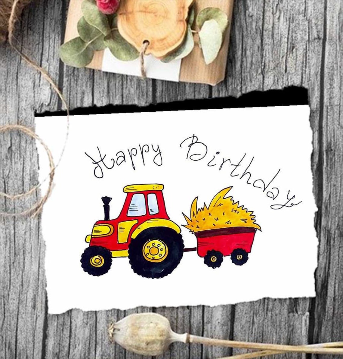 Red Tractor Birthday Card Print, Watercolor Happy Birthday Card With ...