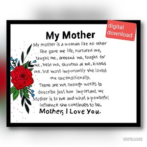 A mi regalo de tarjeta de mamá. Tarjeta de cumpleaños para mamá. Gracias Mom Card Gift. Tarjeta del Día de la Madre imprimible. Te amo mamá. Tarjeta de poema para madre.