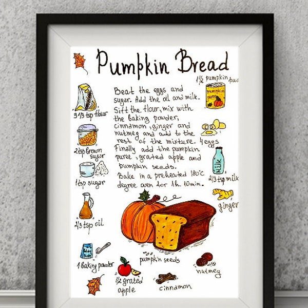 Pumpkin Bread Recipe Print. How to make a Pumpkin Bread Illustration Art Print. Holiday Recipe Wall Art Decor.  Fall Decor.