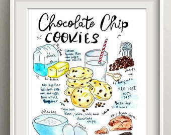 Chocolate Chip Cookie Watercolor  Recipe Illustration. Dessert Painted Recipe Wall Art Decor. Kitchen Wall Art Decor.