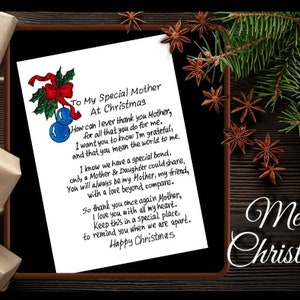 A mi madre especial en la impresión de la tarjeta de Navidad. Tarjeta de mensaje de Navidad para mamá imprimible. Feliz Tarjeta de Navidad para la Madre.