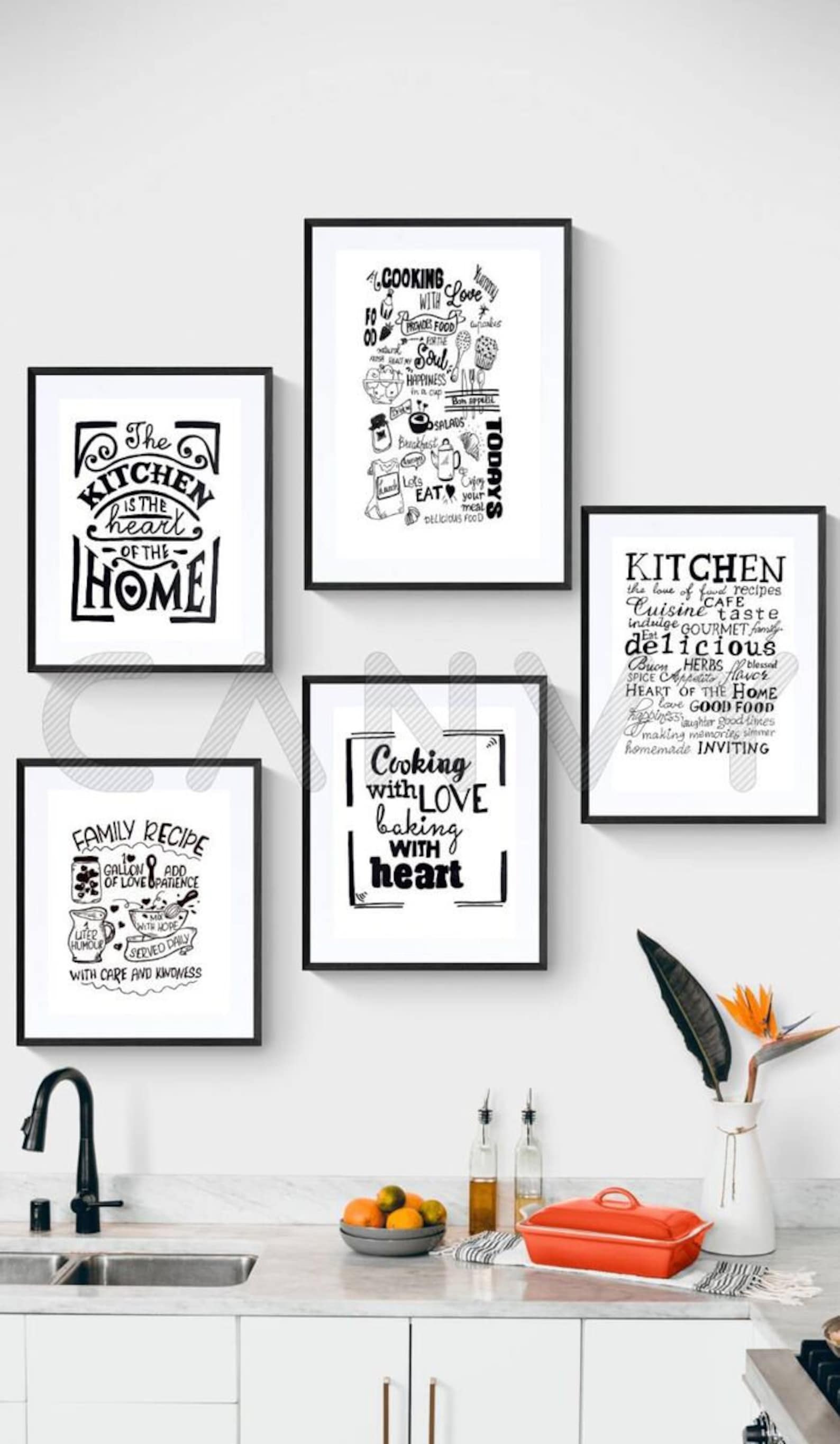 Happy Kitchen Black and White Wall Art Print Decor. Set of 5 Kitchen ...