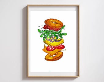 Impressão digital de arte de hambúrguer com queijo. Pôster de fast food. Impressão artística de hambúrguer com queijo. Decoração de parede de restaurante. Ilustração artística de hambúrguer.