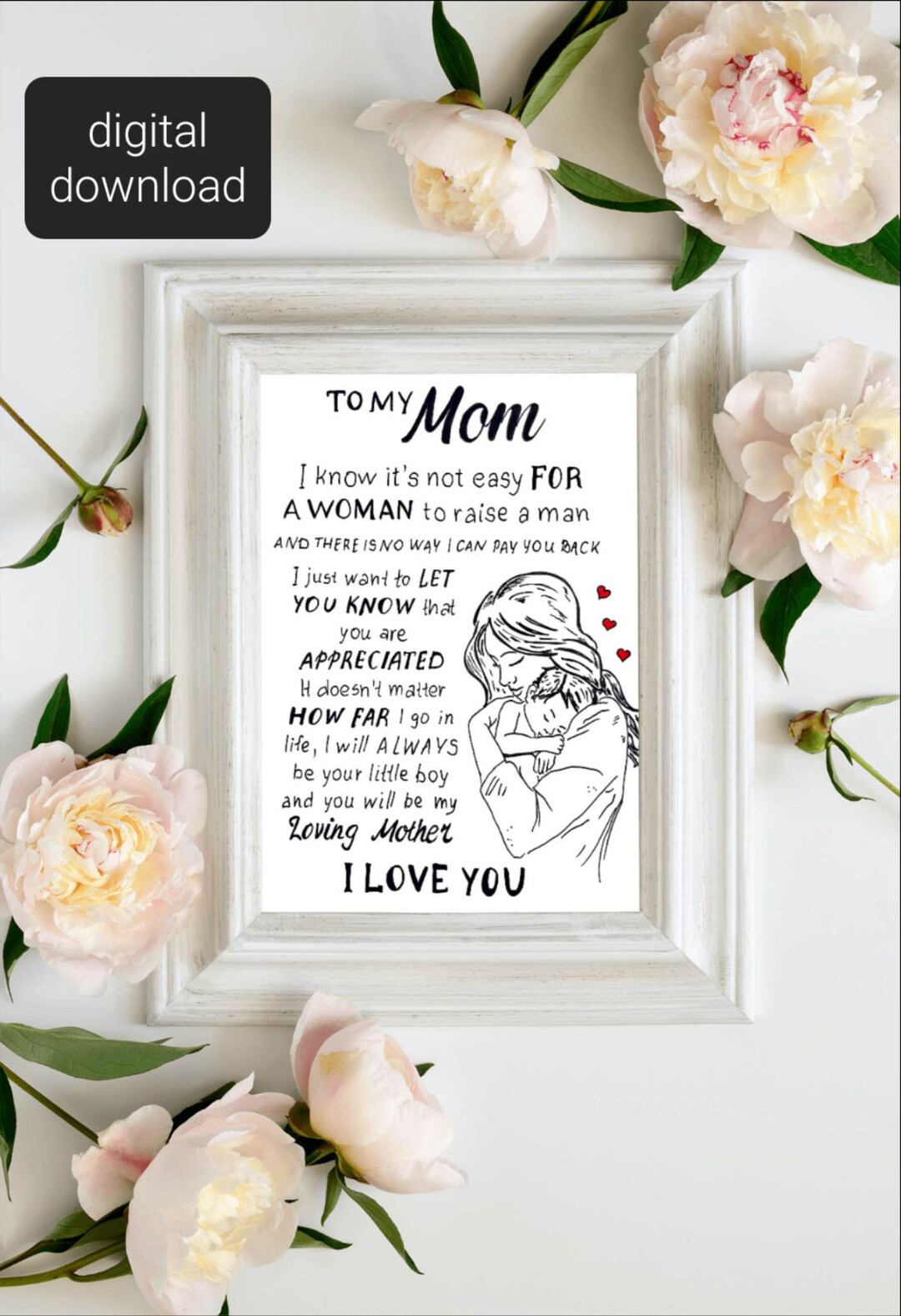 Printable Mothers Day Card. Mothers Day Message Gift Card. I Love You