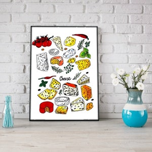 Cheese Art Print. Cheese Kitchen Wall Art Decor. Types of Cheese Art illustration. Cheese Around the Word Print. Digital download.