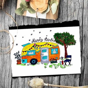 Impressão de cartão de campista de feliz aniversário. Cartão de aniversário para impressão com Camper. Cartão de aniversário da vida de acampamento. Baixar digitais.