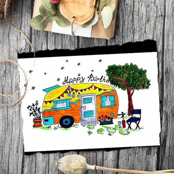 Happy Birthday Camper Card Print. Printable Birthday Card with Camper. Camping Life Birthday Greeting Card. Digital download.