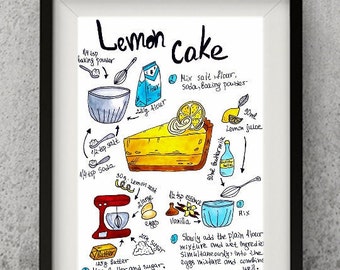 Lemon Cake Recipe Print.  Recipe Illustration Lemon Cake. Watercolor painting Lemon Cake print. Lemon Kitchen Decor. Fresh Fruit Wall Decor.