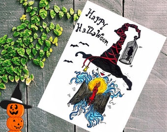 Happy Halloween Witch Card Printable. Pumpkin Watercolor Greeting Card Printable. Halloween Art Print Decor. Digital Download