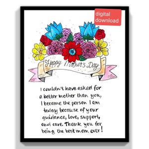 Muttertagskarte Geschenk mit Blumen. Druckbare Happy Mothers Day Grußkarte. To My Mom Karte Druck. I love You Mom digitale Download Karte.