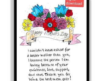 Mothers Day Card Gift With Flowers. Printable Happy Mothers Day Message Card. To My Mom Card Print. I love You Mom digital Download Card.
