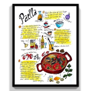 Paella Recipe Art Print. Paella Illustration Wall Art Decor. Kitchen Food Wall Art Printable. How to Make a Paella Poster Art Print.