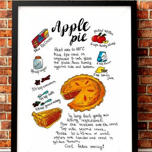 Receta de impresión de tarta de manzana. Ilustración en acuarela Tarta de manzana. Cómo hacer una impresión de arte de ilustración de pastel de manzana. Cocina Pared Arte Imprimible.