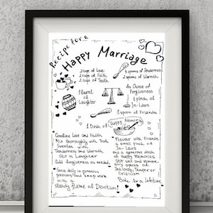 Recipe for a Happy Marriage. Happy Marriage Print. Wedding Wall Art Decor. Marriage Advice. Bridal Gift