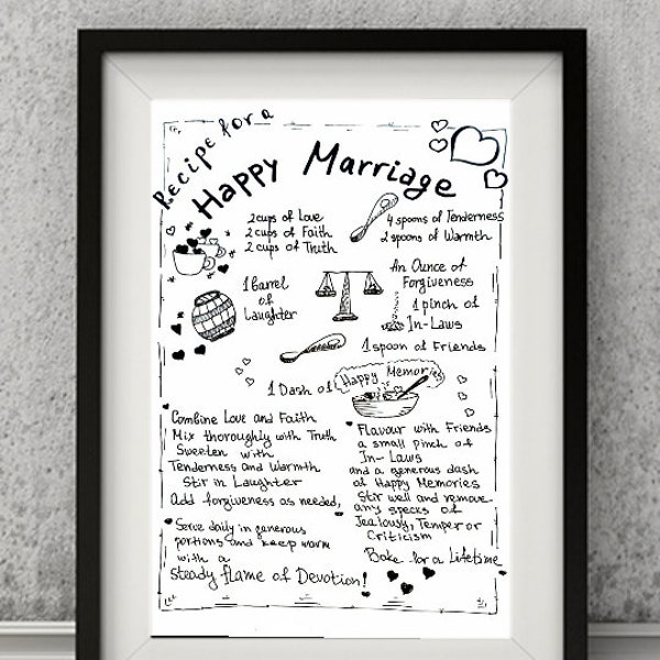 Recipe for a Happy Marriage. Happy Marriage Print. Wedding Wall Art Decor. Marriage Advice. Bridal Gift