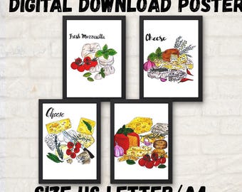 Zestaw grafik ściennych z serem do kuchni. Zestaw 4 ilustracji sera. Plakat z rodzajami sera. Pobierz cyfrowo.