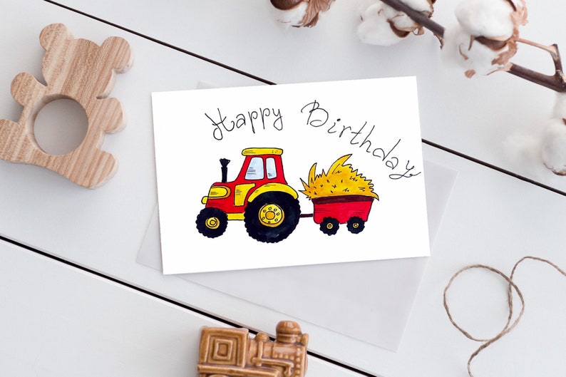 Red Tractor Birthday Card Print, Watercolor Happy Birthday Card With Tractor. Perfect Card for ...