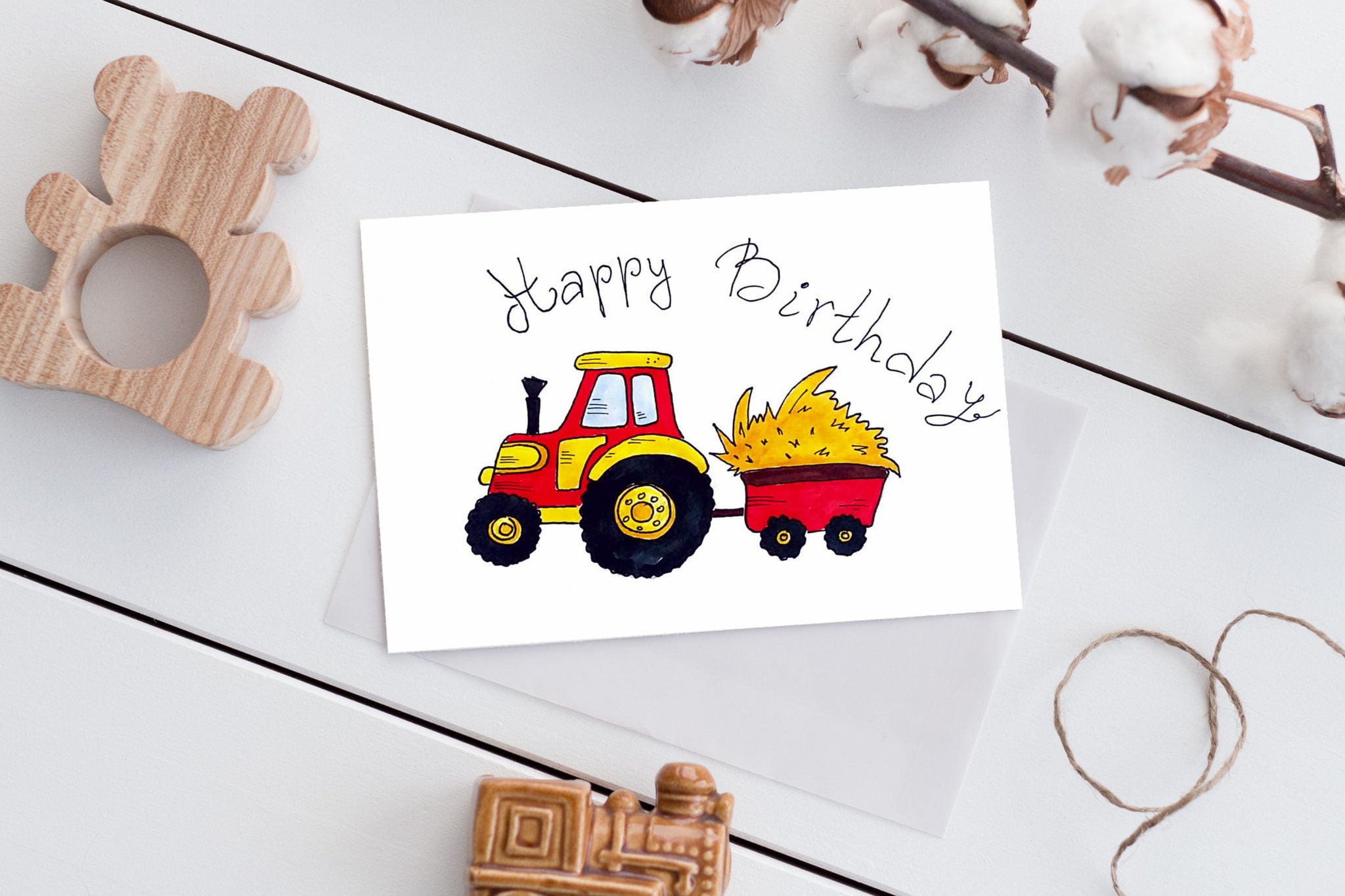 Red Tractor Birthday Card Print, Watercolor Happy Birthday Card With Tractor. Perfect Card for ...