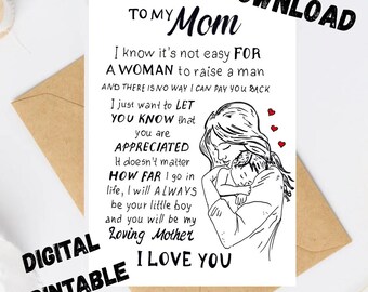 To My Mom From Son Card Print. Son To Mom gift Card. Mothers Birthday Card Print. I Love You Mom Card. Mom Poem Card. Digital Download.