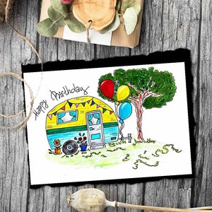 Joyeux anniversaire aquarelle Camper Card Print. Camping Life Carte de vœux d’anniversaire. Téléchargement numérique. Carte de campeur d’anniversaire Printale.